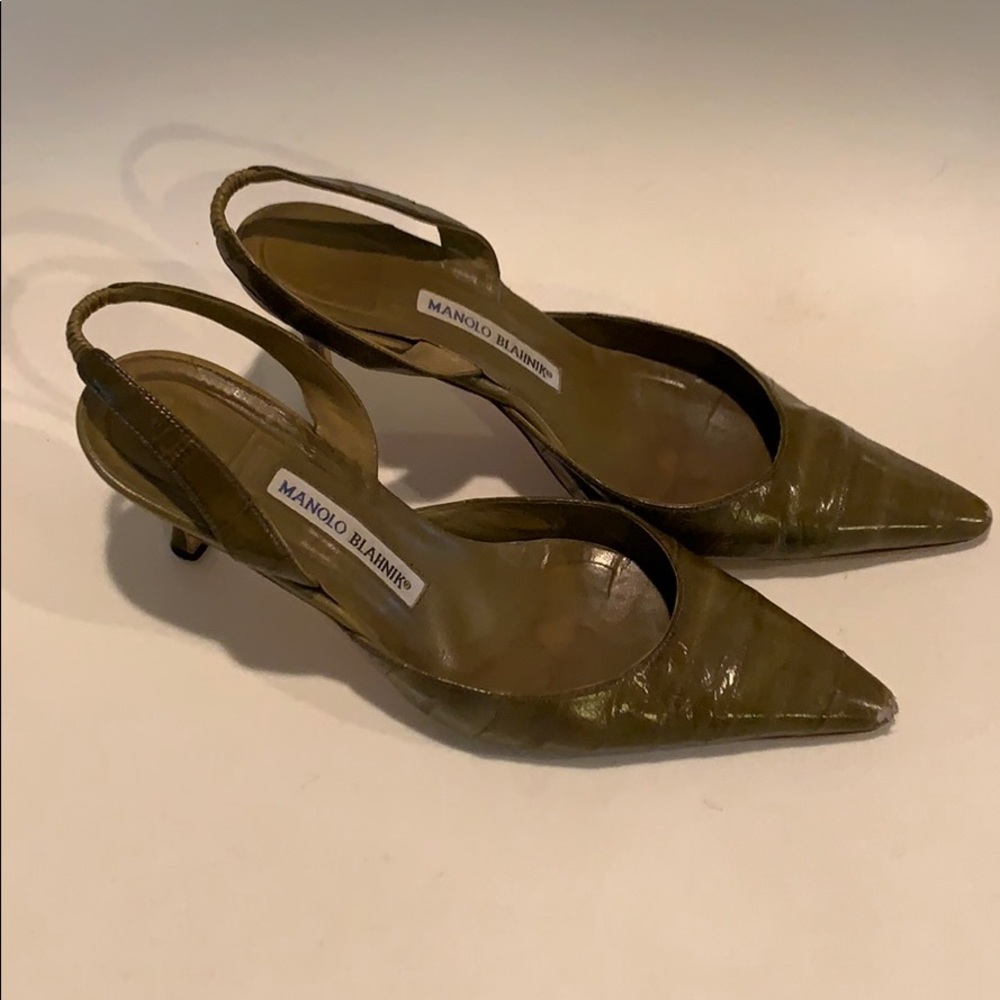 Manolo Blahnik Green Eel Skin Slingbacks